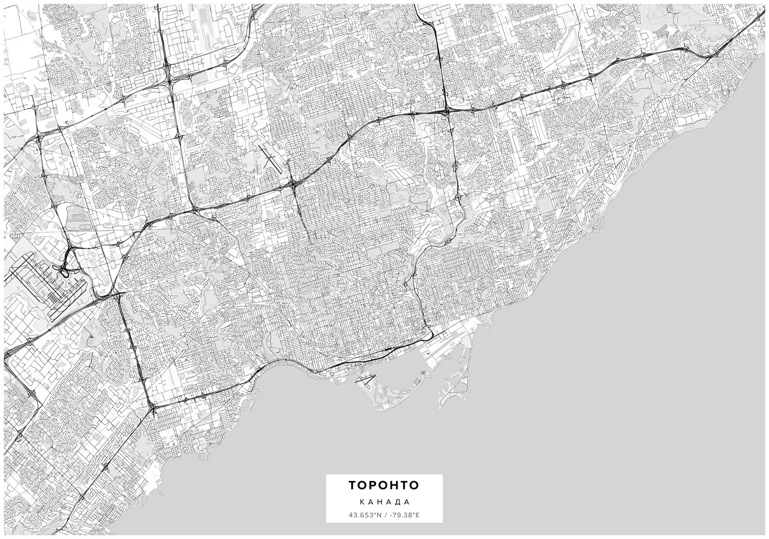 A clean, minimalist monochrome outline map of Toronto city center